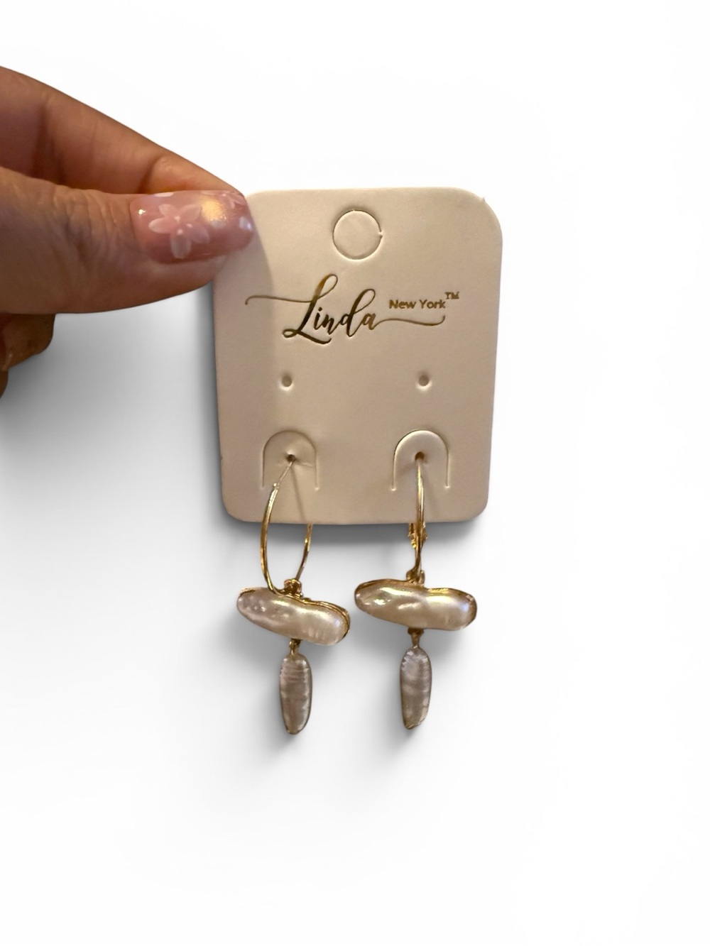Linda New York Gold & Faux Pearl Drop Hoop Earrings
